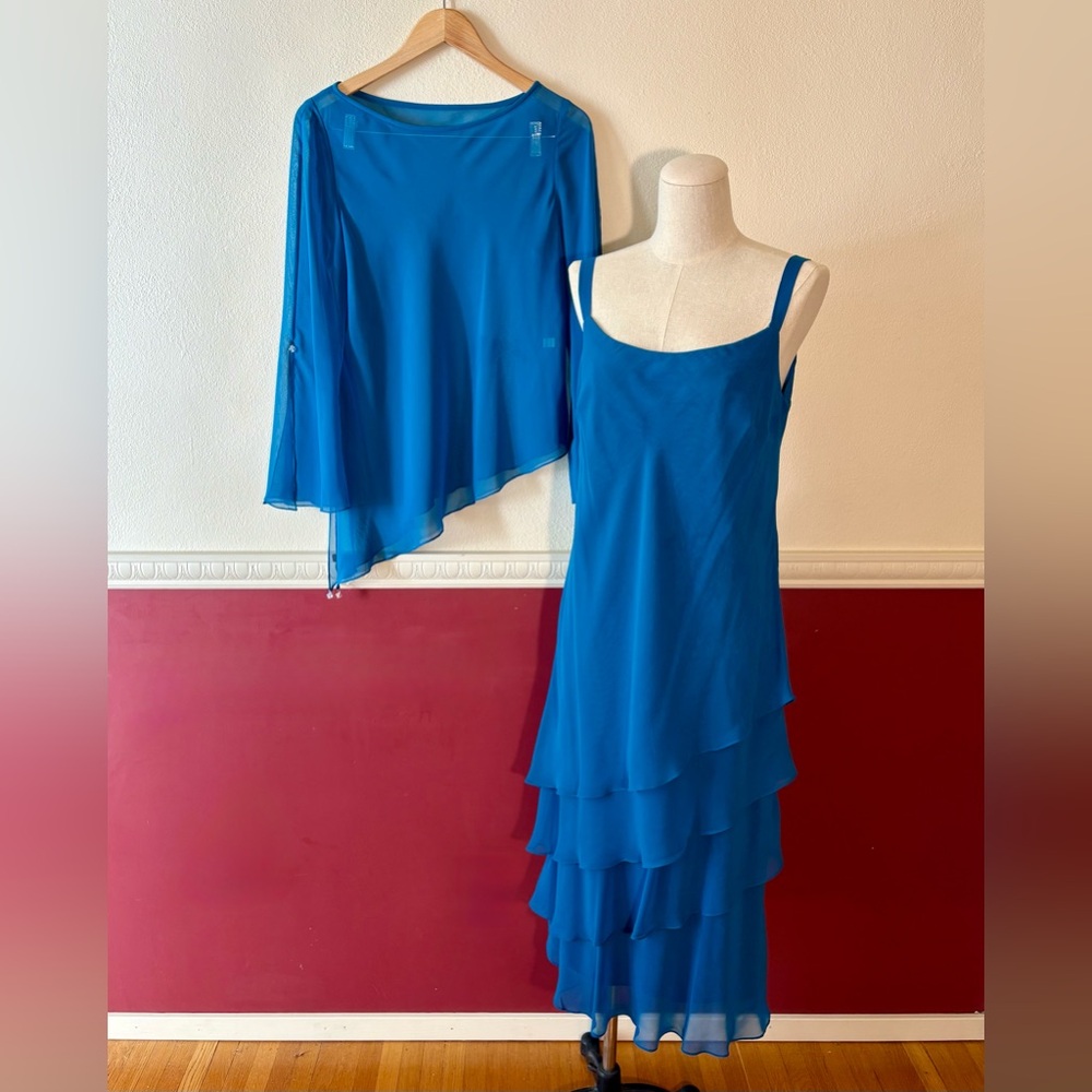 Vintage Cattiva tiered chiffon 2-piece bateau neck dress in teal blue - Picture 12 of 15